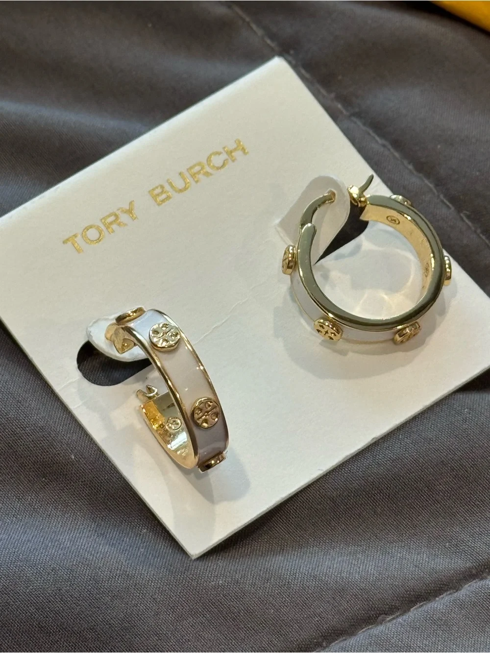 Tory Burch Gold and White Enamel Logo Accent Hoop Earrings